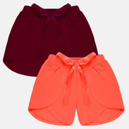 Kiddopanti Pack Of 2 Solid Bow Detailed Overlap Shorts - Wine Purple & Light Coral-image-97