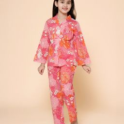 Piccolo Cotton Woven Full Sleeves  Floral Printed Night Suit - Pink-image-16
