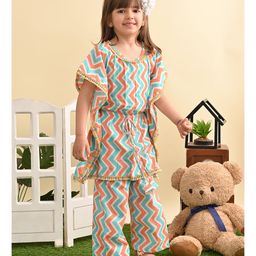 Superminis Pure Cotton Half Batwing Sleeves Zig Zag Printed Coordinating Kaftaan & Trouser Set - Sky Blue-image-1