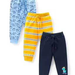 Babyhug Cotton Knit Full Length Lounge Pants With Stripes & Dinosaurs Print Pack Of 3 - Blue Yellow & Navy-picture-42