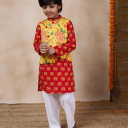 Pspeaches Cotton Full Sleeves  Elephant Printed  Kurta Pyjama With Jacket -  Yellow-image-11
