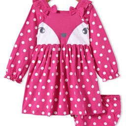 Babyhug Single Jersey Knit Full Sleeves Polka Dot Printed Frock With Bloomer & Bow Applique - Dark Pink-image-89