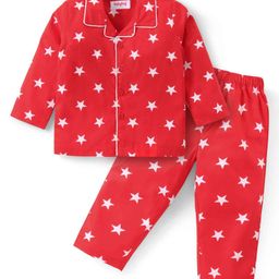 Babyhug Cotton Woven Full Sleeves Front Open Night Suit With Stars Print - Red-image-95