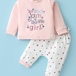 Ollypop Interlock Knit Full Sleeves T-Shirt & Lounge Pants Set With Text & Hearts Print - Baby Pink-image-25