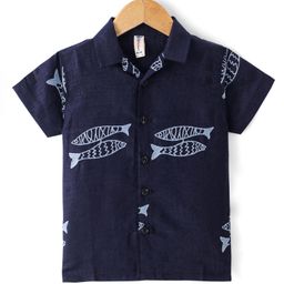 Dapper Dudes Half Sleeves Fish Embroidered Shirt - Navy Blue-image-3