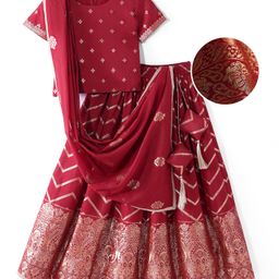 Pine Kids Woven Half Sleeves Zari Embroidered Choli Lehenga & Dupatta Set With Tassel Detailing - Dark Red-image-11