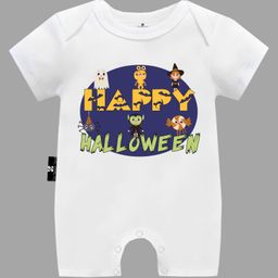 The Peppy Tend Halloween Theme 100% Cotton Half Sleeves Happy Halloween Text Printed Romper - White-picture-30
