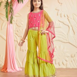 MASTARANG Georgette Sleeveless Mirror Work Embroidered Top Sharara Set With Dupatta - Lime Green-image-20