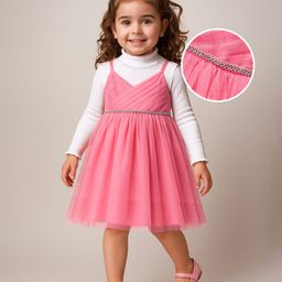 Babyhug Woven Shimmered Party Dress With Full Sleeves Solid Ribbed Inner Tee - Pink & White-image-12