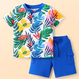 Babyhug Single Jersey Knit Half Sleeves Henley Neck T-Shirt & Shorts Set with Tropical Print - White & Blue-picture-12