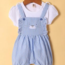 ToffyHouse Cotton Knit Half Sleeves Checkered Dungaree Style Romper with Half Sleeves Inner T-Shirt - Lavender-image-39