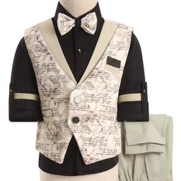 Rikidoos Full Sleeves Solid Shirt With Typography Printed Waistcoat Pant & Bow Set - Black & Olive Green-image-68