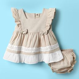 ToffyHouse Cotton Woven Frill Sleeves Frock With Lace Detailing & Bloomer - Beige-image-67