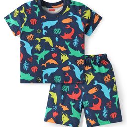 Babyhug Cotton Knit Half Sleeves Shorts Night Suit With Dino Print - Navy Blue-image-81