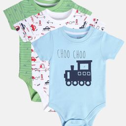 MINI KLUB Cotton Pack Of 3 Half Sleeves Car & Train Printed Onesies - Green White & Blue-image-34