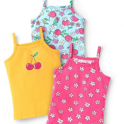 Babyhug 100% Cotton Single Jersey Knit Sleeveless Slips With Floral & Apple Print Pack Of 3 - Pink Light Blue & Yellow-image-84