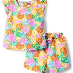 Babyhug Cotton Knit Frill Sleeves Shorts Night Suit With Tropical Theme Print - Multicolour-image-94