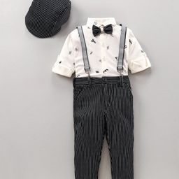 Dapper Dudes Half Sleeves Alpabets Printed Shirt With Striped Pant Bow Cap & Suspender Set - Black-image-37