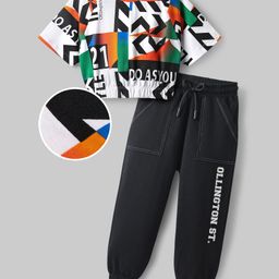 OLLINGTON ST. Cotton Half Sleeves Abstract Printed Top & Knit Joggers Set - Multicolor & Black-picture-46