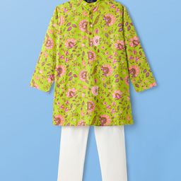 Pine Kids Cotton Woven Full Sleeves Kurta Pajama Set with Floral Print - Limegreen-picture-17