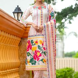 Mesqlu Round Neck Floral Printed Thread Work Straight Kurta with Trouser & Dupatta-image-89