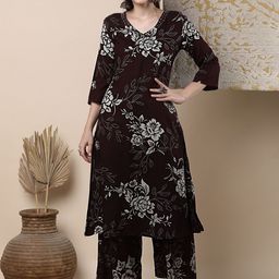FASHOR Floral Printed Straight-Fit Tunic & Trousers Co-Ord Set-image-61