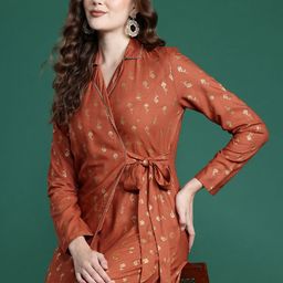 Sangria Foil Print Wrap Ethic Dress-image-35