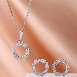 Prita by Priyaasi Silver American Diamond & Crystals Studded Pendant & Earring Set-image-84