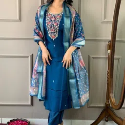 KALINI Floral Embroidered Sequinned Chanderi Silk Kurta With Trousers & Dupatta-5