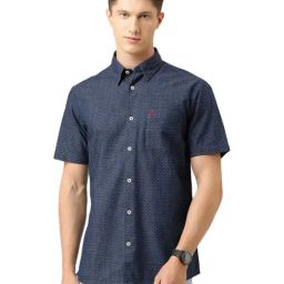 Burnt Umber Navy Cotton Regular Fit Printed Shirt-image-95