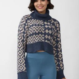 Forever 21 Navy & Beige Cotton Geometric Print Sweater-image-40