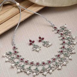 Zeneme Oxidised Silver Plated Red Kundan Studded Jewellery Set-image-37
