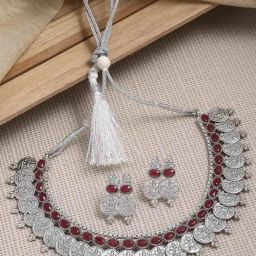Zeneme Silver Plated Red Kundan Studded Temple Coin Jewellery Set-15