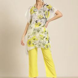 Qurvii Neon Yellow Floral Print Top With Pants-15