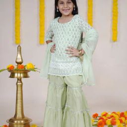 Kiddopanti Girls Light Green Embellished Kurta, Sharara with Dupatta-picture-24