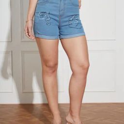 Miss Chase Blue Denim Solid Shorts-picture-29