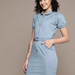 Label Ritu Kumar Puff Sleeves Denim Bodycon Mini Dress With Belt-image-64