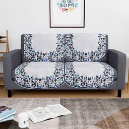Kuber Industries Blue & Grey 4 Pieces Digital Leaf Printed Velvet Sofa Covers-15