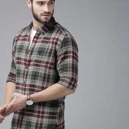 THE BEAR HOUSE Men Grey Slim Fit Tartan Checks Checked Casual Shirt-picture-17