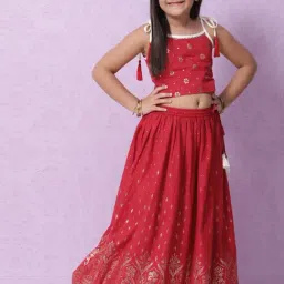 Biba Girls Cherry Red Cotton Embellished Lehenga Set-picture-7