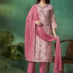 AMRUTVARSHA CREATION Floral Printed Mirror Work Pure Cotton Kurta with Trousers & Dupatta-27