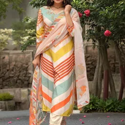 Moda Rapido Leheriya Printed V-Neck Straight Kurta With Trousers & Dupatta-picture-48