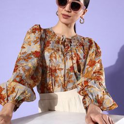 EVERYDAY by ANI Tropical Print Mandarin Collar Puff Sleeves Tropical Chiffon Top-image-40