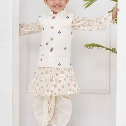 Sethukrishna Boys Geometric Printed Band Collar Kurta With Churidar & Nehru Jacket-35