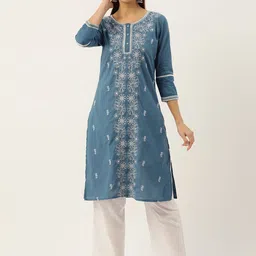 MISRI Floral Embroidered Regular Sequinned Pure Cotton Kurta with Trousers-image-3