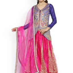 Chhabra 555 Pink & Blue Embroidered Net Semi-Stitched Lehenga Choli with Dupatta & Jacket-8