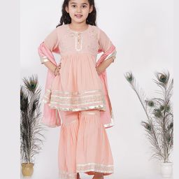 Little Bansi Three Fourth Sleeves Jaipuri Lacework And Gotta Patti Work Kurta With Sharara And Dupatta - Peach-picture-44