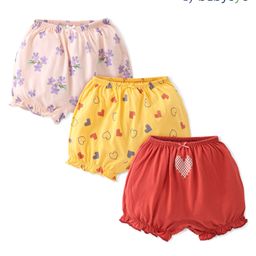 Babyoye Cotton Knit Eco Conscious Floral & Heart Print Bloomers Pack of 3- Yellow  Red & Pink-image-64