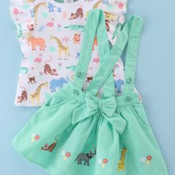 ToffyHouse 100% Cotton Knit Half Sleeves Animals Printed Top & Woven Corduroy  Skirt Set With Suspender & Bow - Sea Green-image-36