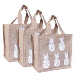 Kuber Industries Lunch BagReusable Jute Fabric Tote BagPineapple Print Tiffin Carry Hand bag with Handle For office,School,Gift,Pack of 3,Brown,-85